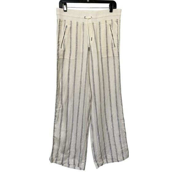 Athleta Cabo Tide Wide Leg 100% Linen Stripe Pants Size 8 White Coastal Beachy - Picture 1 of 8